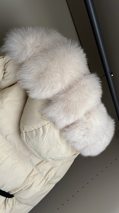 Cream Real Fox Fur Trim Cream Coat With Belt & Hood
