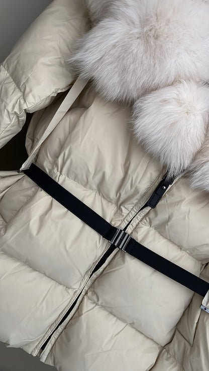 Cream Real Fox Fur Trim Cream Coat With Belt & Hood