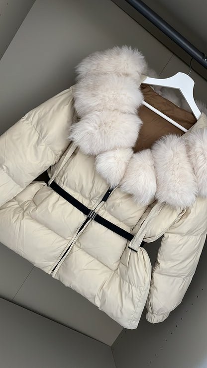 Cream Real Fox Fur Trim Cream Coat With Belt & Hood