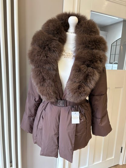 Brown Fox Fur Trim Coat With Belt